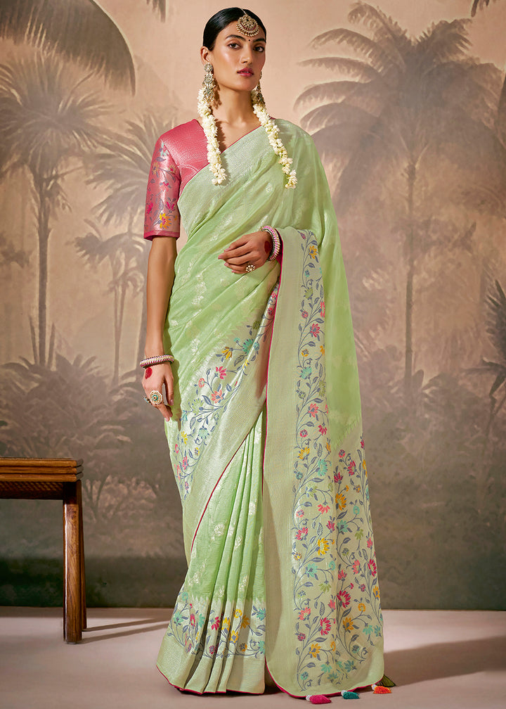 Delicate Pastel Green Munga Silk Saree with Zari Work & Resham Design