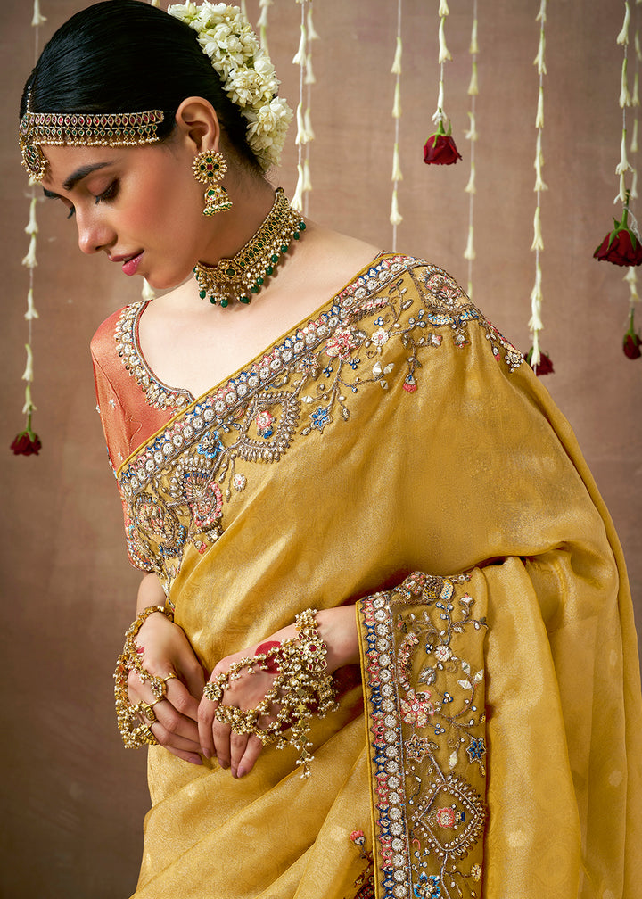 Light Mustard Yellow Zari Tissue Silk Saree with Embroidery