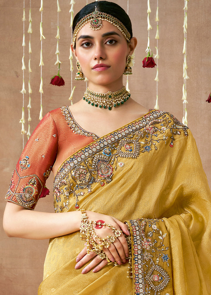 Light Mustard Yellow Zari Tissue Silk Saree with Embroidery