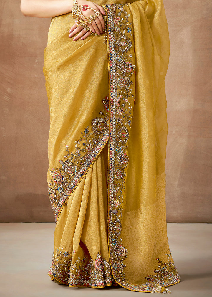 Light Mustard Yellow Zari Tissue Silk Saree with Embroidery