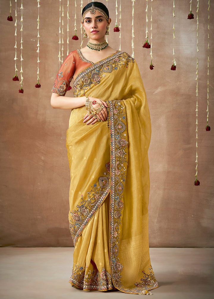 Light Mustard Yellow Zari Tissue Silk Saree with Embroidery