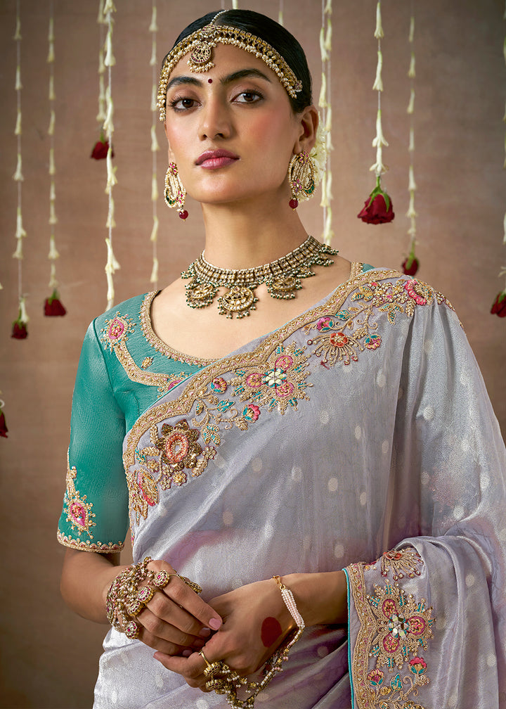 Purple Zari Woven Tissue Silk Saree with Embroidery Work