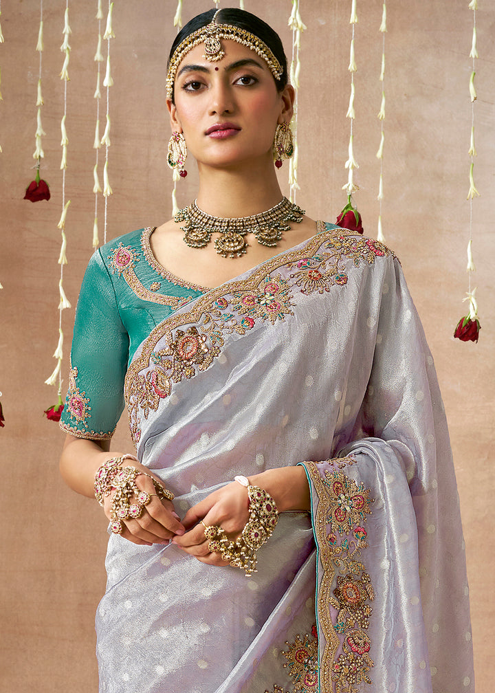 Purple Zari Woven Tissue Silk Saree with Embroidery Work