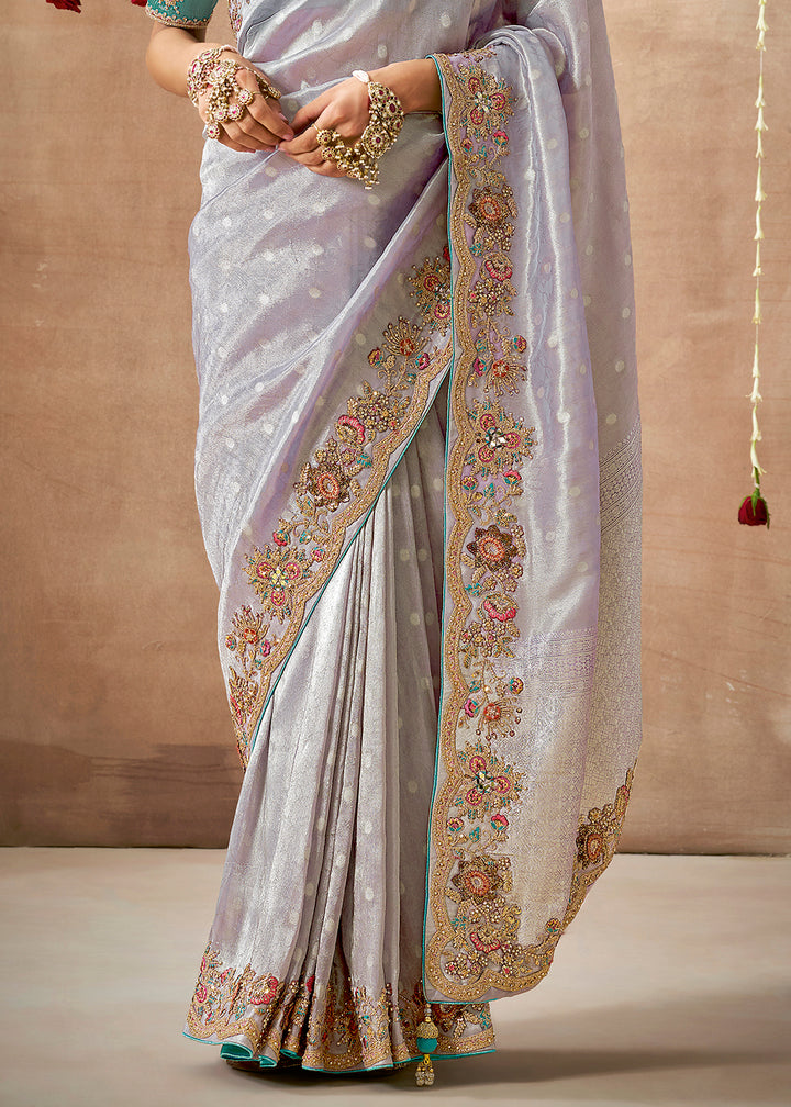 Purple Zari Woven Tissue Silk Saree with Embroidery Work