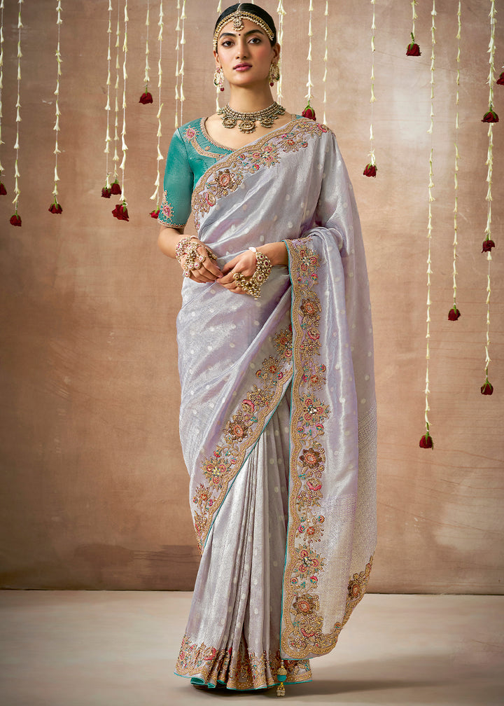 Purple Zari Woven Tissue Silk Saree with Embroidery Work