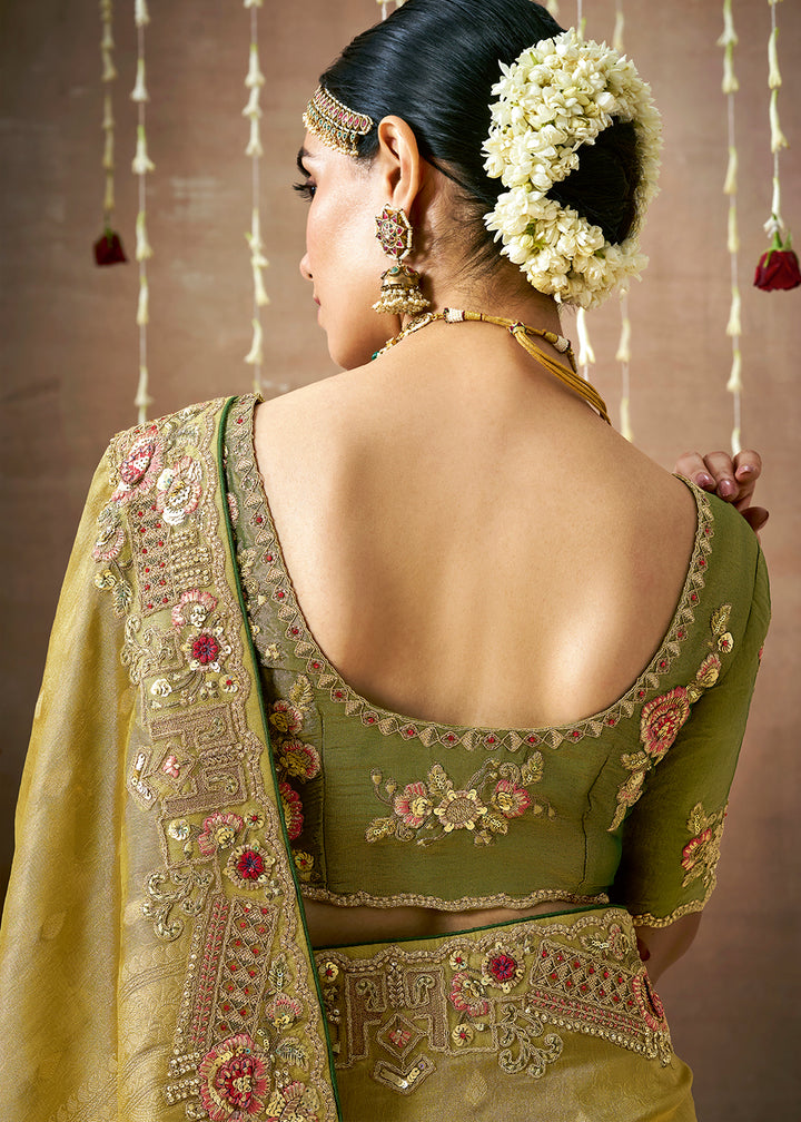 Mehendi Green Zari Woven Tissue Silk Saree with Embroidery Work