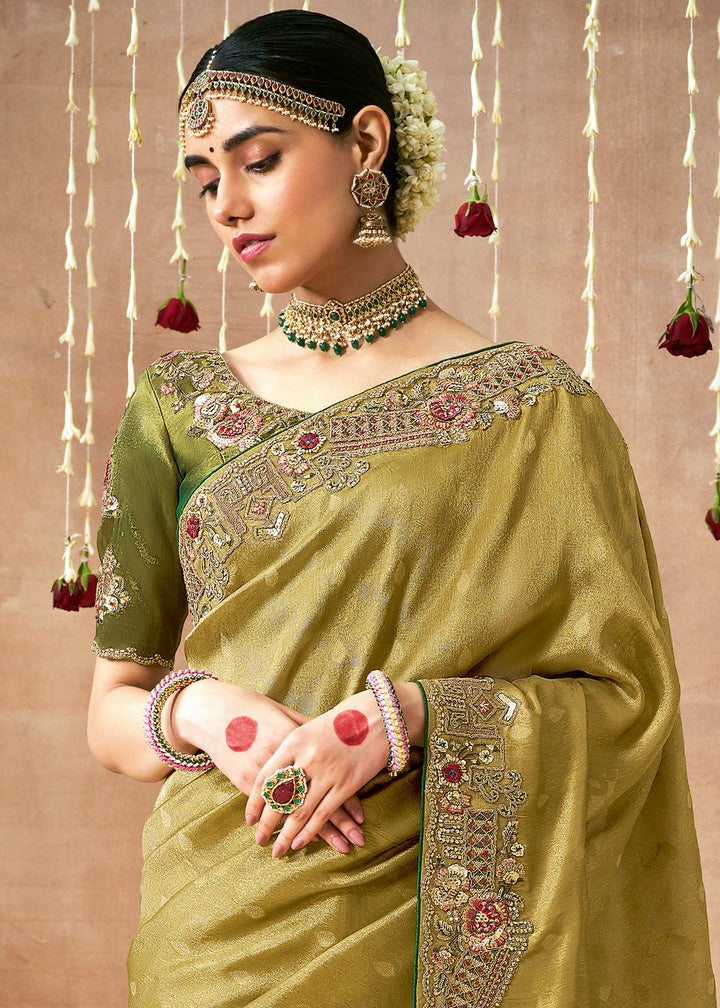 Mehendi Green Zari Woven Tissue Silk Saree with Embroidery Work