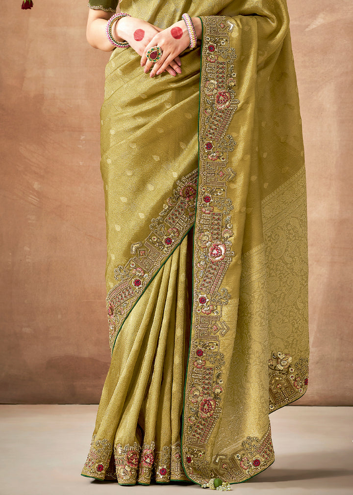 Mehendi Green Zari Woven Tissue Silk Saree with Embroidery Work