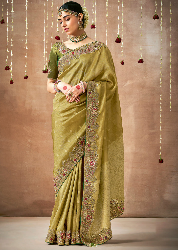 Mehendi Green Zari Woven Tissue Silk Saree with Embroidery Work
