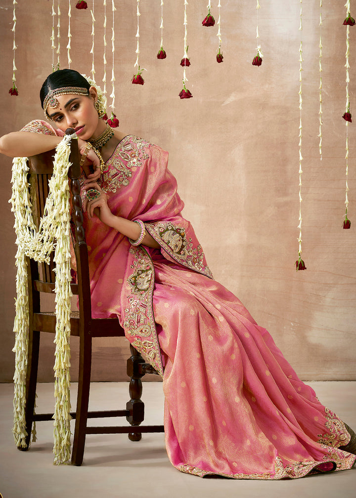 Elegant Dual Tone Pink Zari Tissue Silk Saree with Embroidery