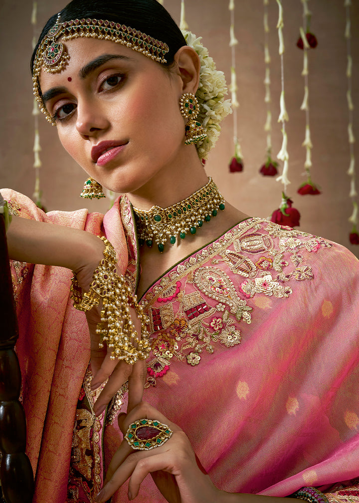 Elegant Dual Tone Pink Zari Tissue Silk Saree with Embroidery