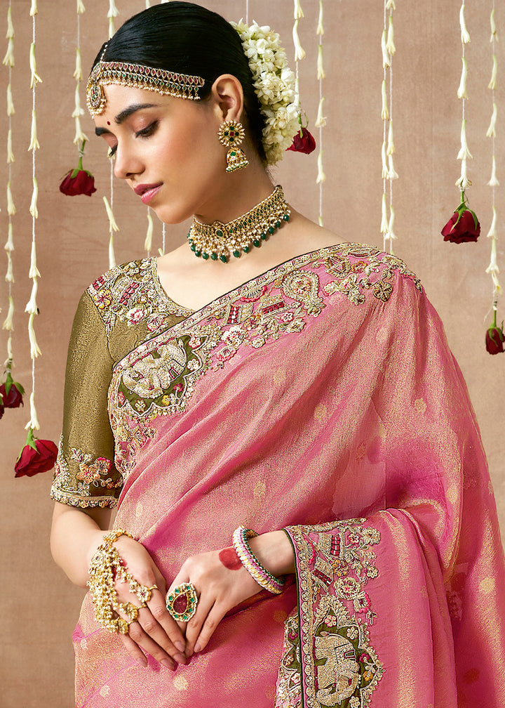 Elegant Dual Tone Pink Zari Tissue Silk Saree with Embroidery