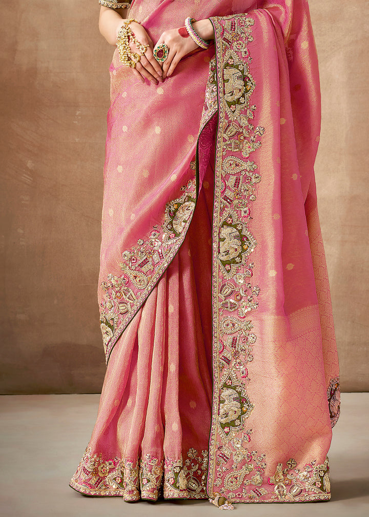 Elegant Dual Tone Pink Zari Tissue Silk Saree with Embroidery