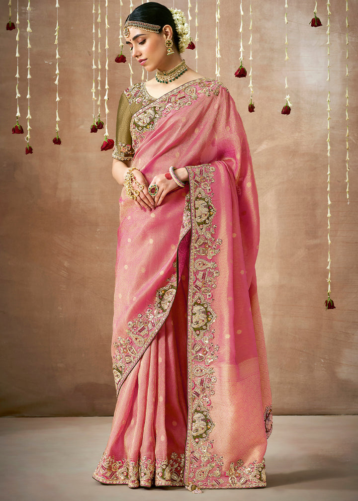 Elegant Dual Tone Pink Zari Tissue Silk Saree with Embroidery