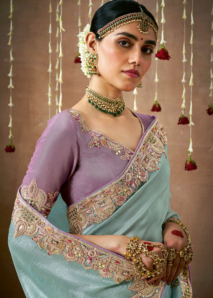 Light Blue Zari Tissue Silk Saree with Sequins, Pearl & Mirror Work