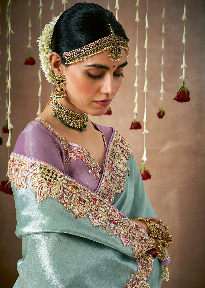 Light Blue Zari Tissue Silk Saree with Sequins, Pearl & Mirror Work