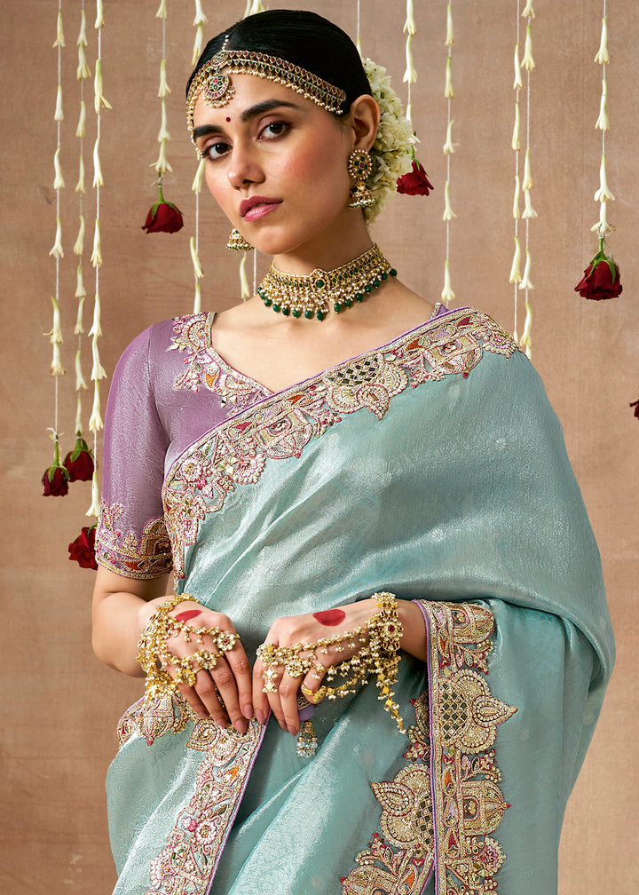 Light Blue Zari Tissue Silk Saree with Sequins, Pearl & Mirror Work