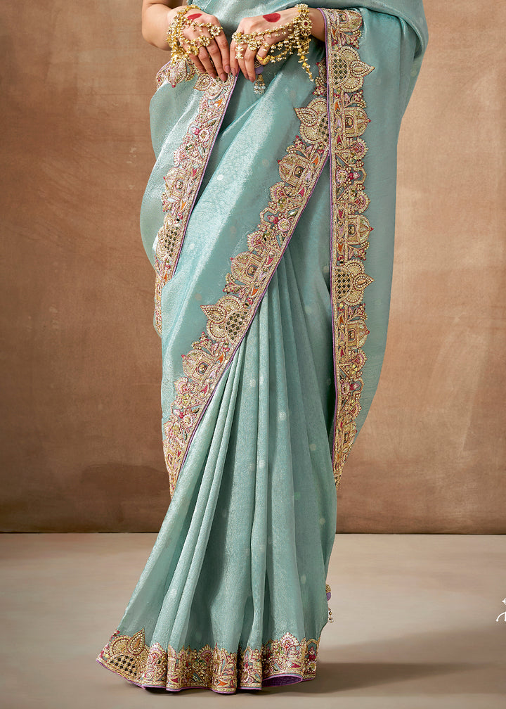 Light Blue Zari Tissue Silk Saree with Sequins, Pearl & Mirror Work