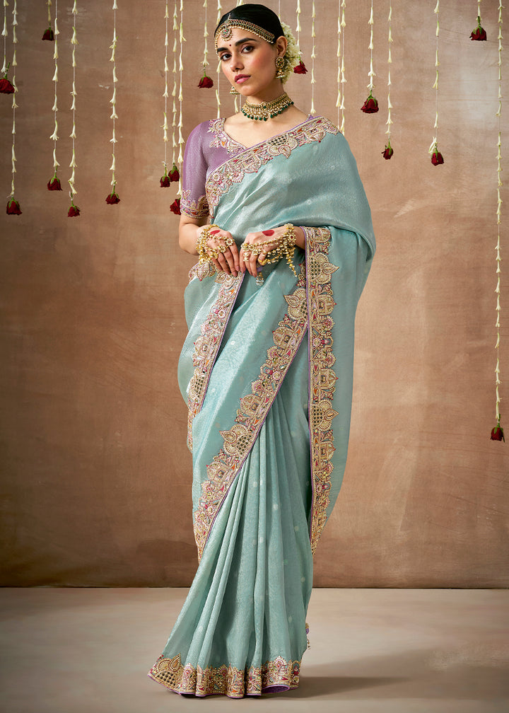 Light Blue Zari Tissue Silk Saree with Sequins, Pearl & Mirror Work
