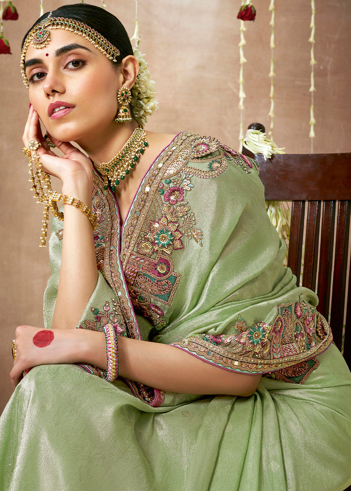 Light Green Zari Tissue Silk Saree with Beautiful Embroidery