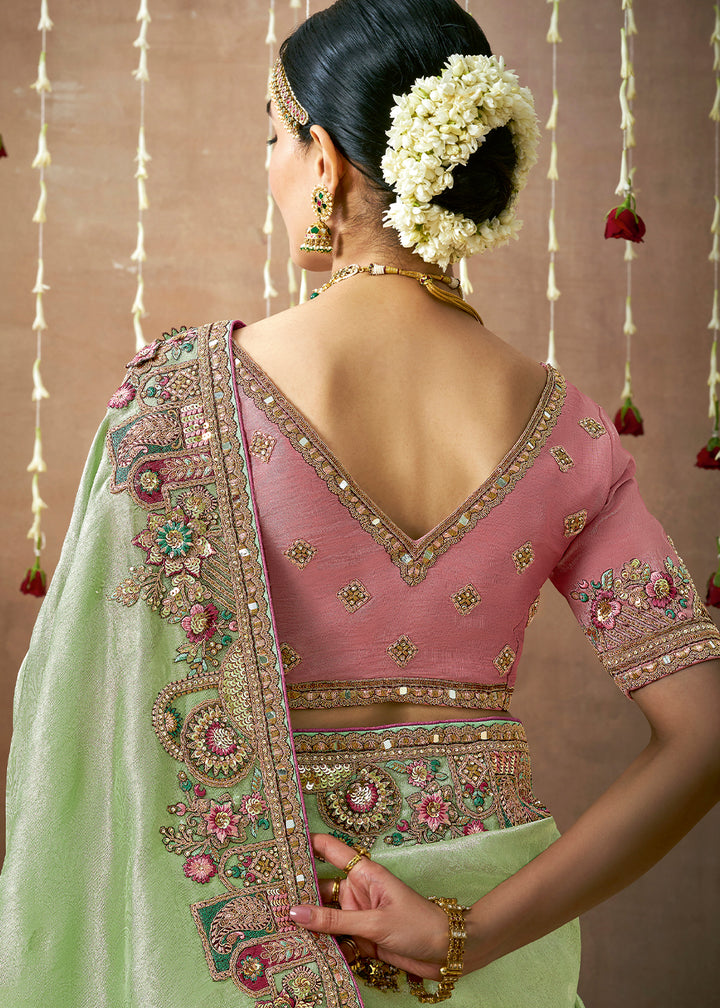 Light Green Zari Tissue Silk Saree with Beautiful Embroidery