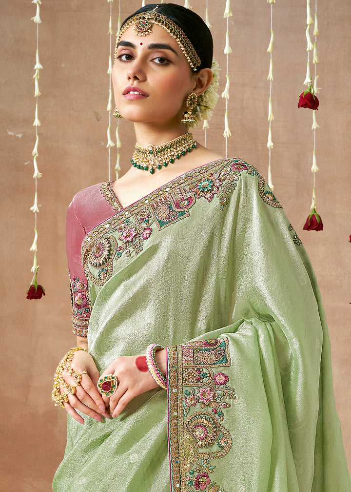Light Green Zari Tissue Silk Saree with Beautiful Embroidery