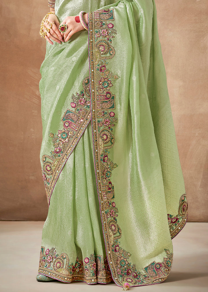 Light Green Zari Tissue Silk Saree with Beautiful Embroidery