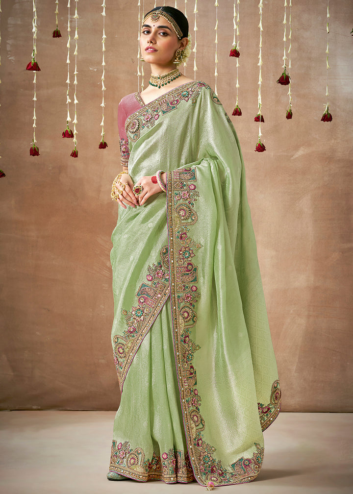 Light Green Zari Tissue Silk Saree with Beautiful Embroidery