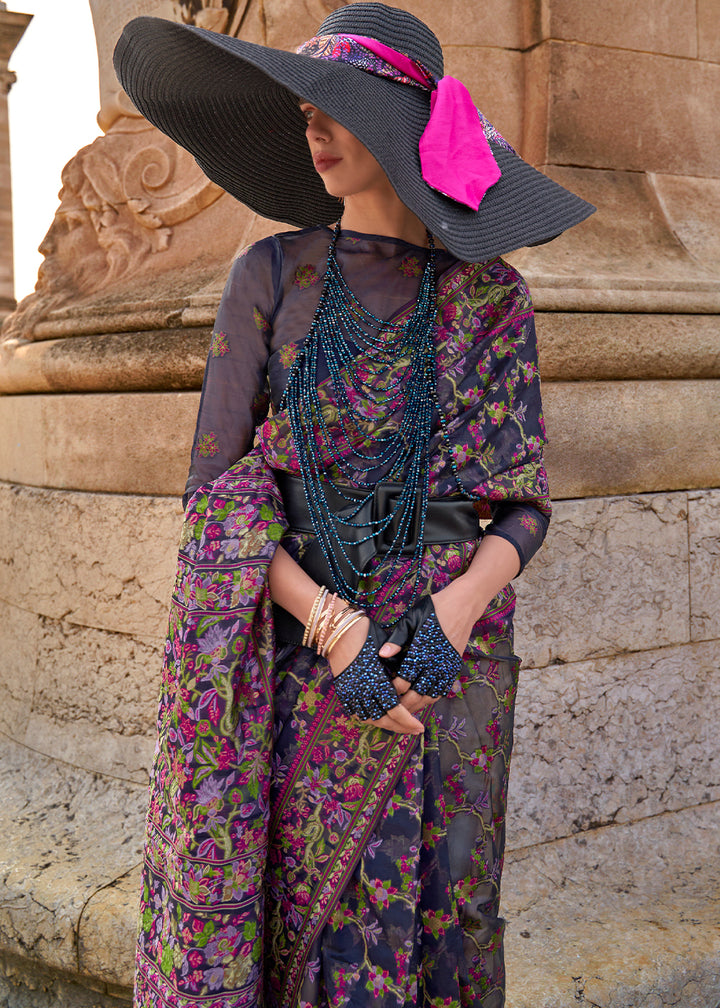 Navy Blue Handloom Organza Silk Saree with Intricate Parsi Weave