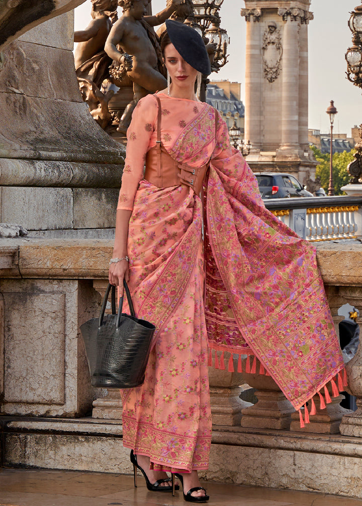Coral Pink Handloom Organza Silk Saree with Intricate Parsi Weave