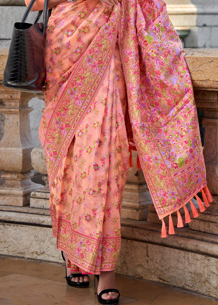 Coral Pink Handloom Organza Silk Saree with Intricate Parsi Weave