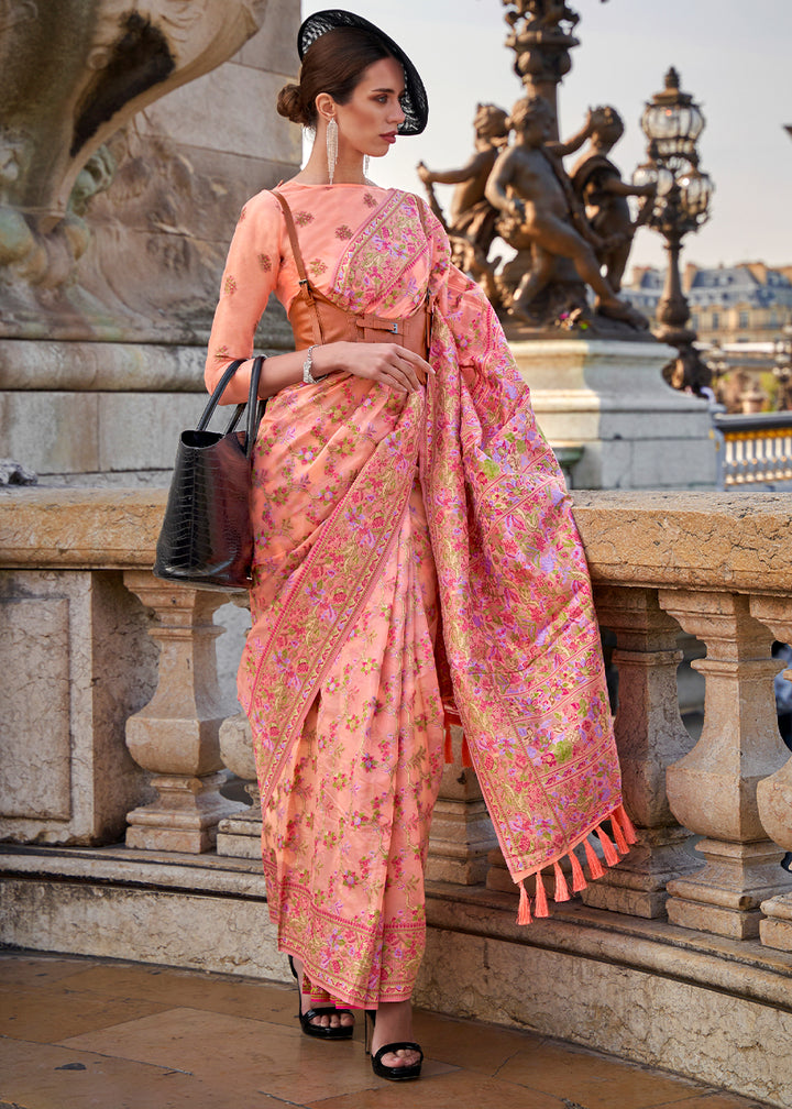 Coral Pink Handloom Organza Silk Saree with Intricate Parsi Weave