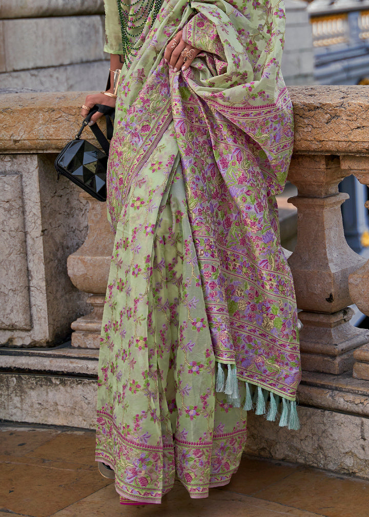 Light Green Handloom Organza Silk Saree with Intricate Parsi Weave