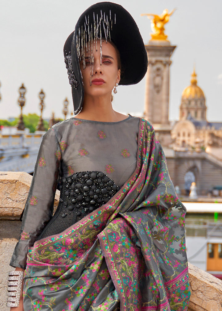 Shadow Grey Handloom Organza Silk Saree with Intricate Parsi Weave