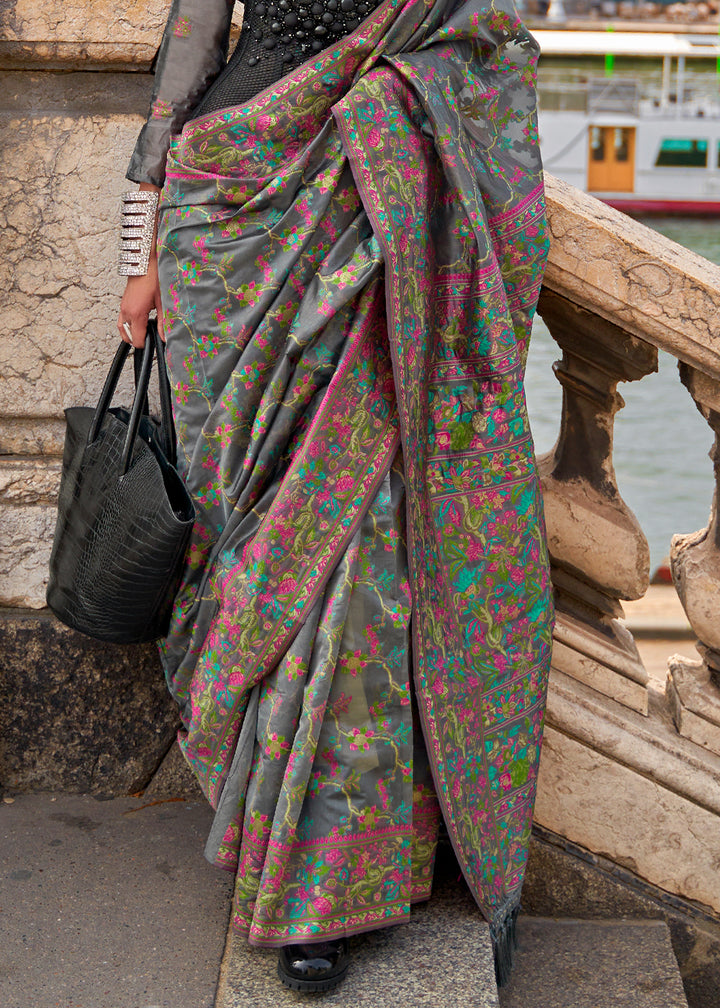 Shadow Grey Handloom Organza Silk Saree with Intricate Parsi Weave