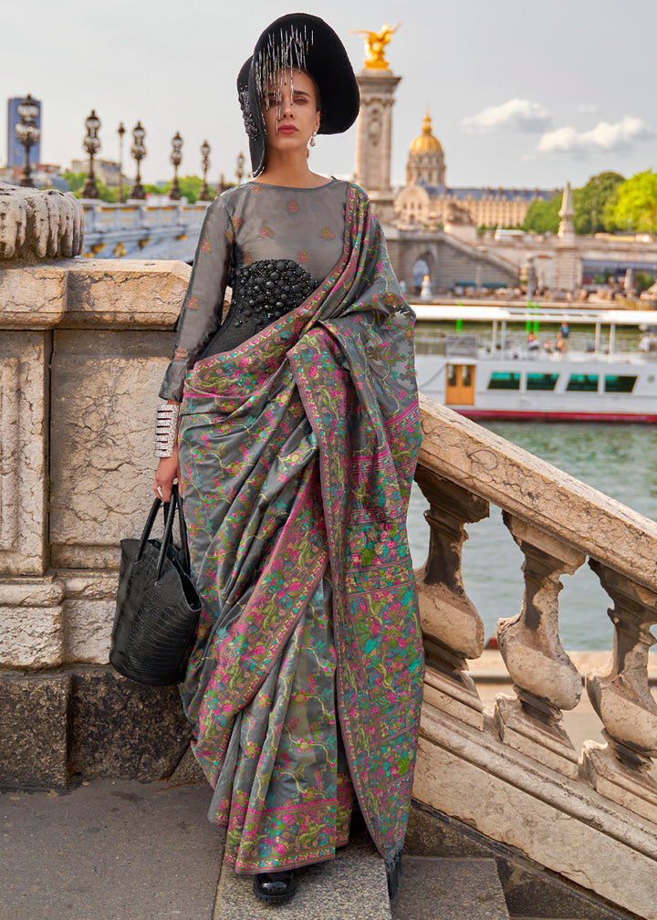 Shadow Grey Handloom Organza Silk Saree with Intricate Parsi Weave