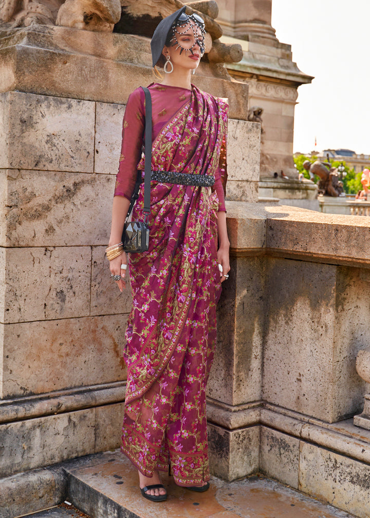 Tyrian Purple Handloom Organza Silk Saree with Intricate Parsi Weave