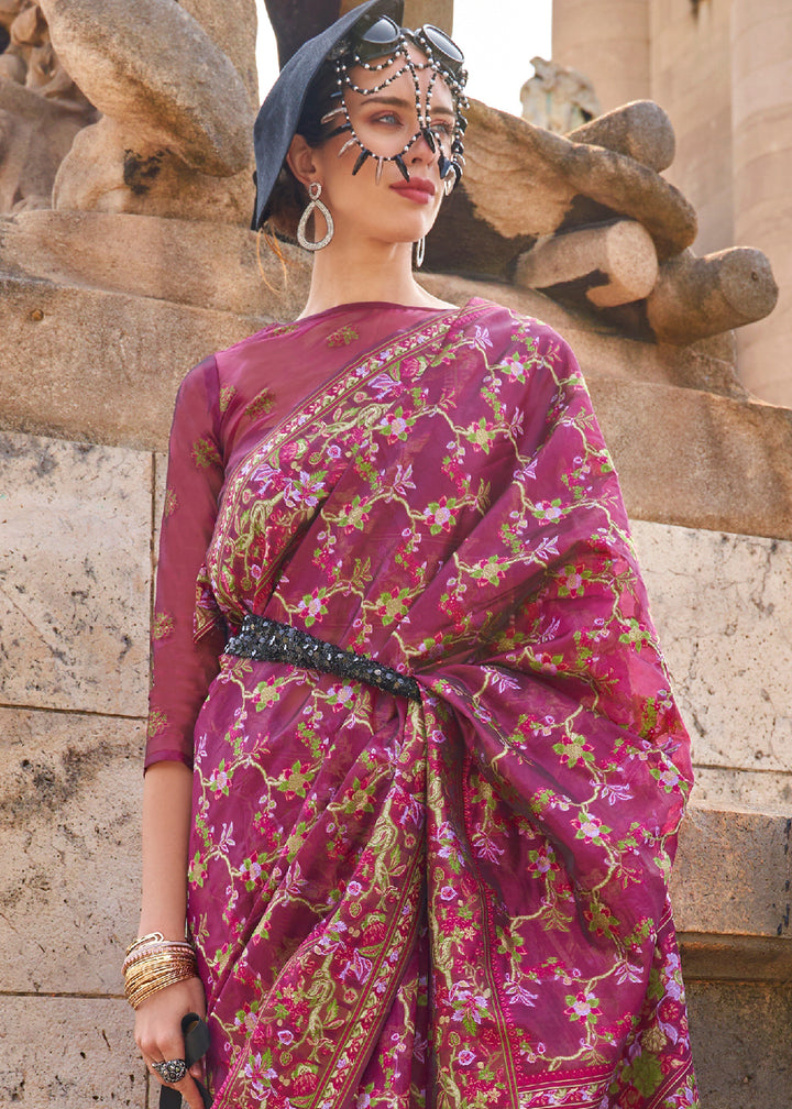Tyrian Purple Handloom Organza Silk Saree with Intricate Parsi Weave