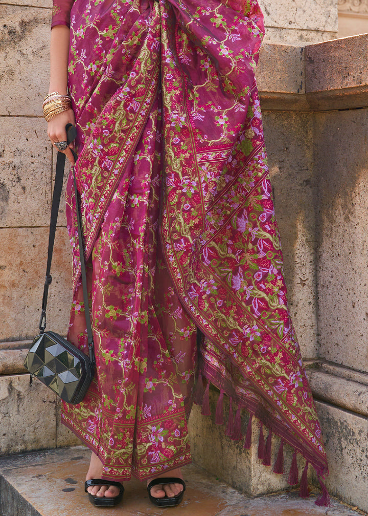 Tyrian Purple Handloom Organza Silk Saree with Intricate Parsi Weave