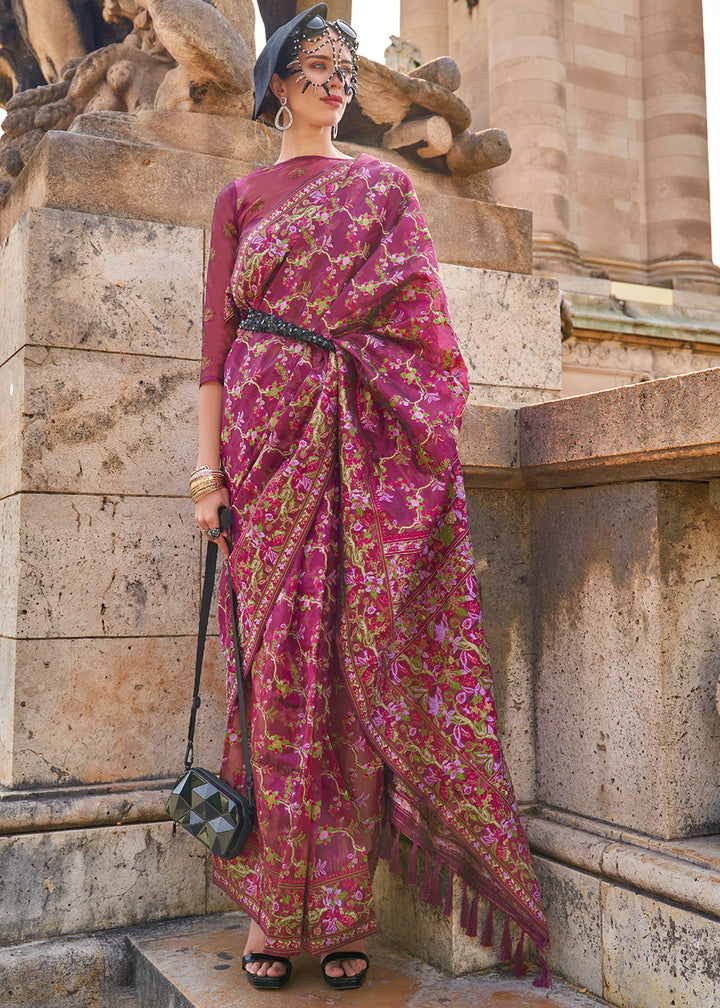 Tyrian Purple Handloom Organza Silk Saree with Intricate Parsi Weave