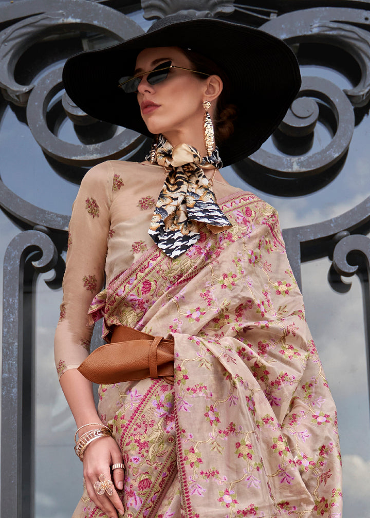 Beige Brown Handloom Organza Silk Saree with Intricate Parsi Weave