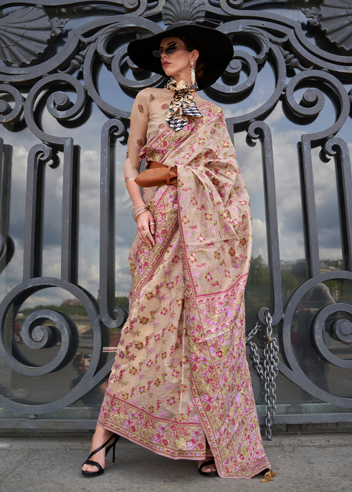 Beige Brown Handloom Organza Silk Saree with Intricate Parsi Weave