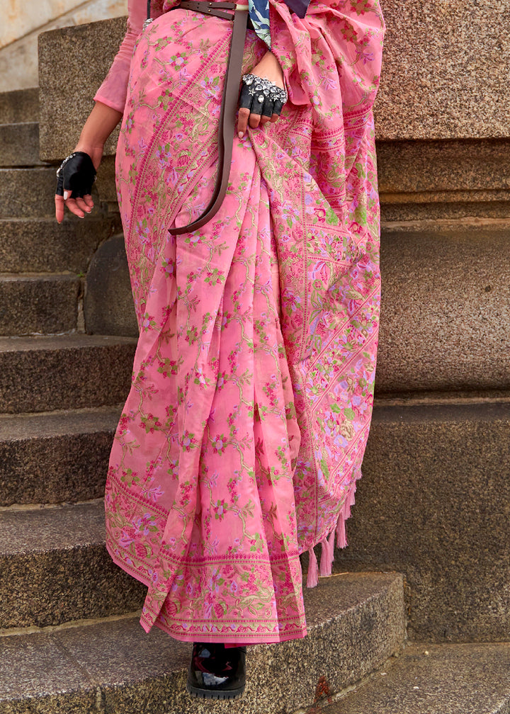 French Rose Pink Handloom Organza Silk Saree with Intricate Parsi Weave