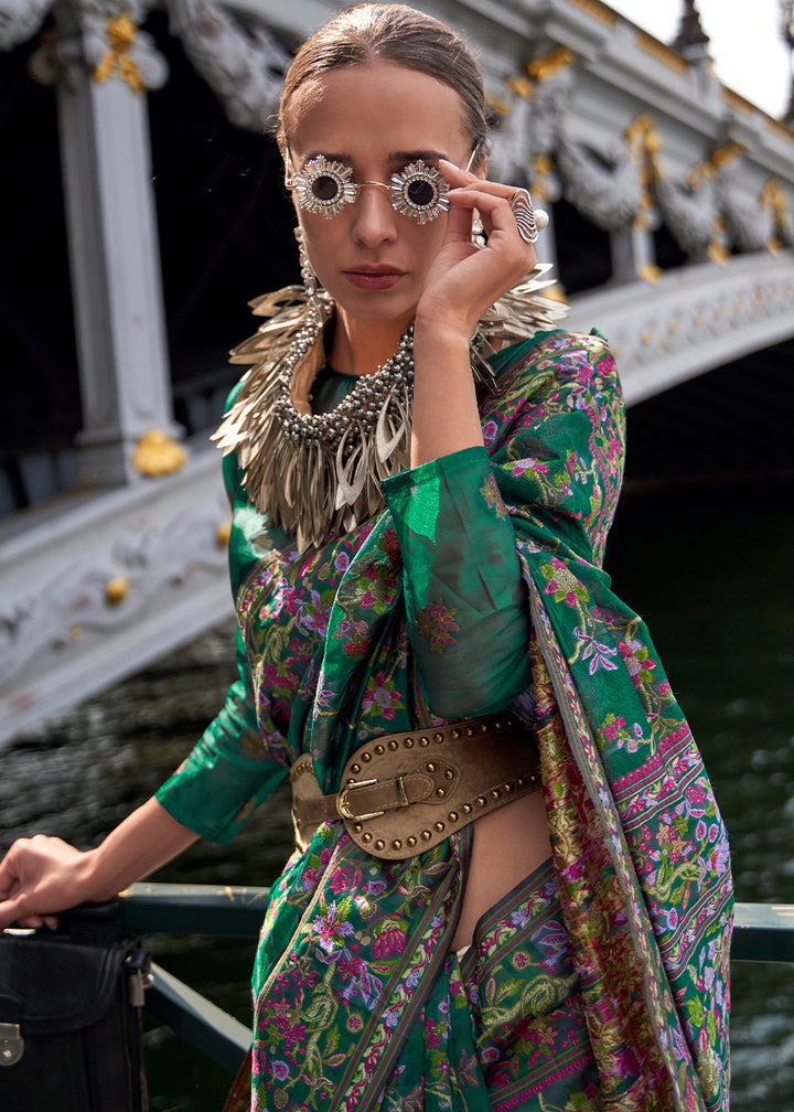 Jade Green Handloom Organza Silk Saree with Intricate Parsi Weave