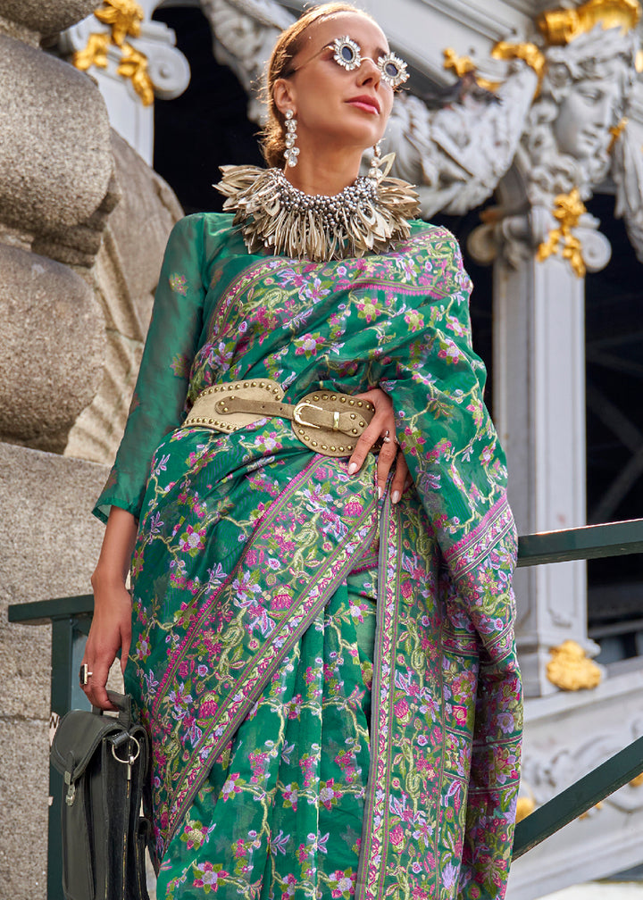 Jade Green Handloom Organza Silk Saree with Intricate Parsi Weave