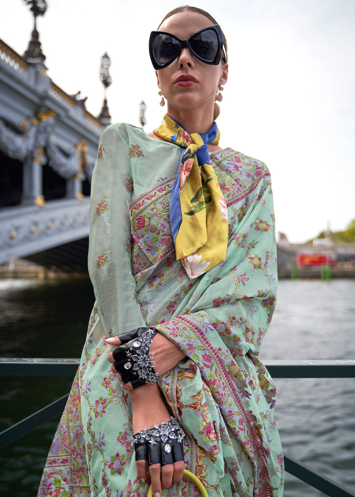 Celeste Blue Handloom Organza Silk Saree with Intricate Parsi Weave