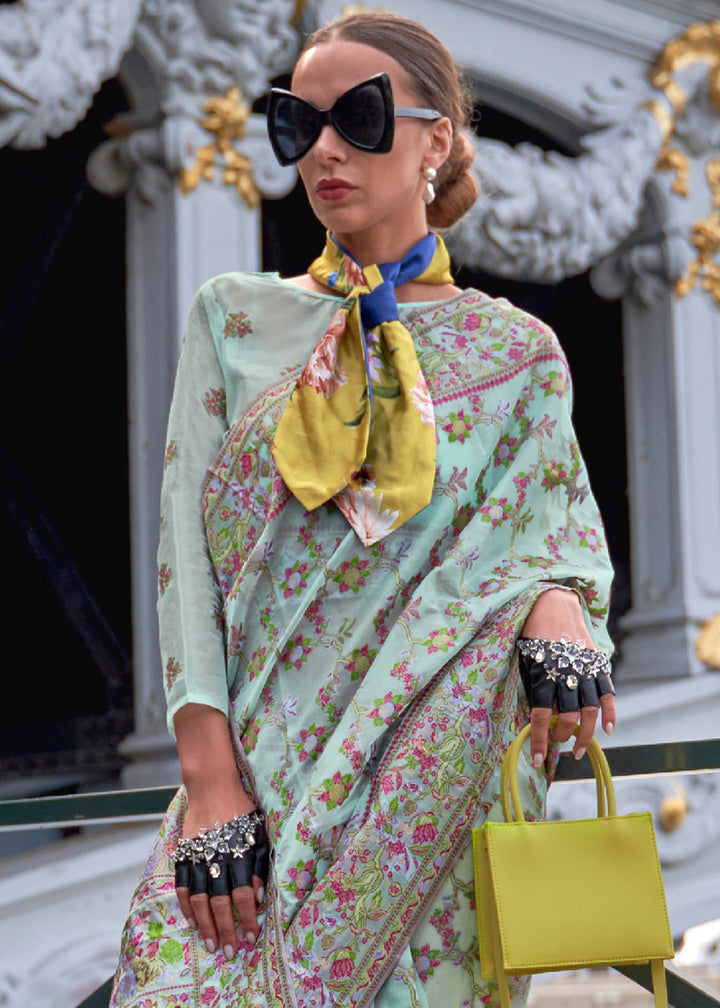 Celeste Blue Handloom Organza Silk Saree with Intricate Parsi Weave