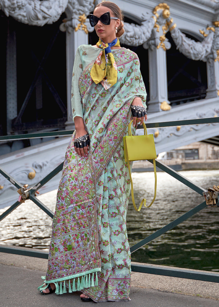 Celeste Blue Handloom Organza Silk Saree with Intricate Parsi Weave