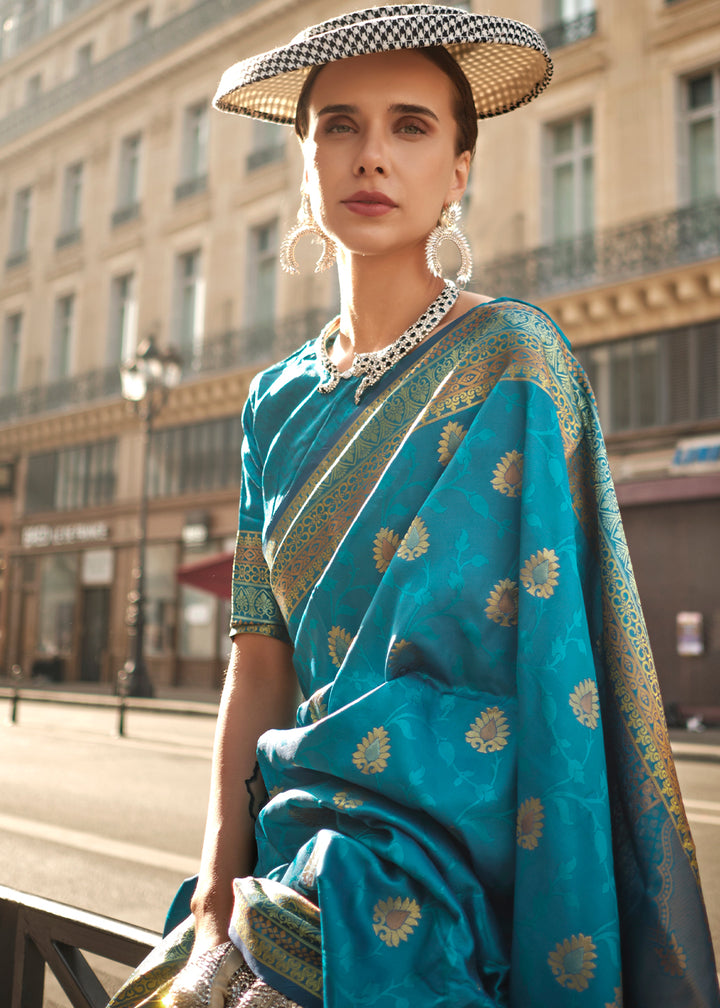 Cerulean Blue Handloom Woven Silk Saree
