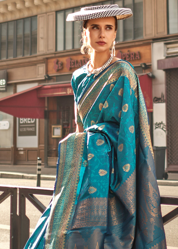 Cerulean Blue Handloom Woven Silk Saree